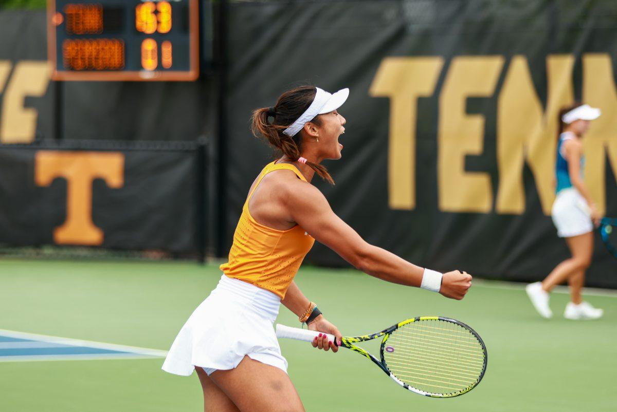 Catherine Aulia shouts after winning a point against Pepperdine at Barksdale Stadium. Saturday, May 3, 2025
