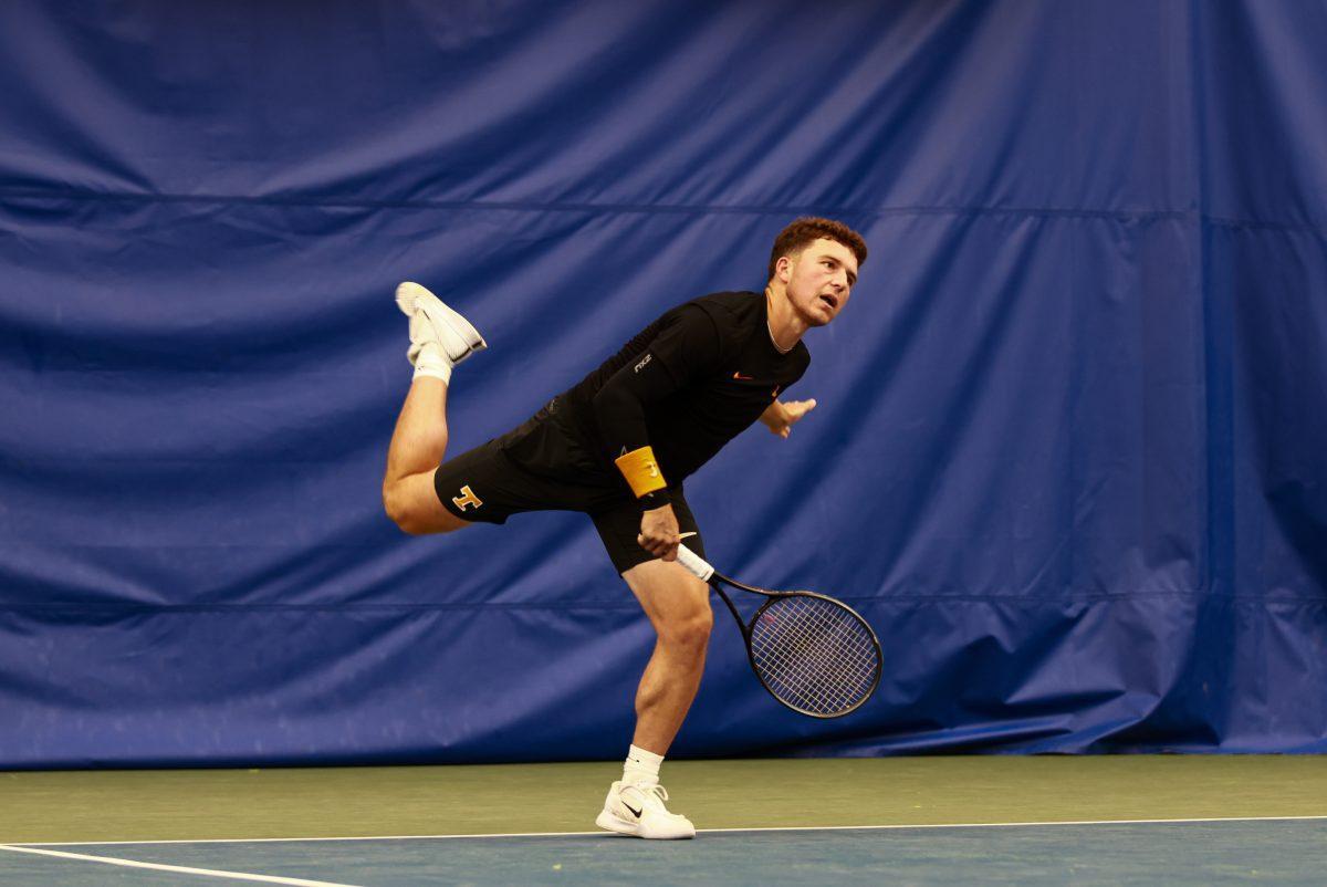 Alejandro Moreno serves against Alabama State at Goodfriend Tennis Center. Saturday, May 3, 2025