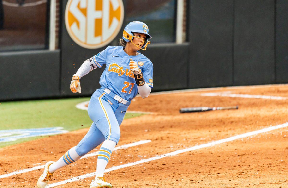 Kinsey Fiedler (27) rounds first base during the Super Regionals game against Nebraska in Sherri Parker Lee Stadium. Saturday, May 24, 2025.