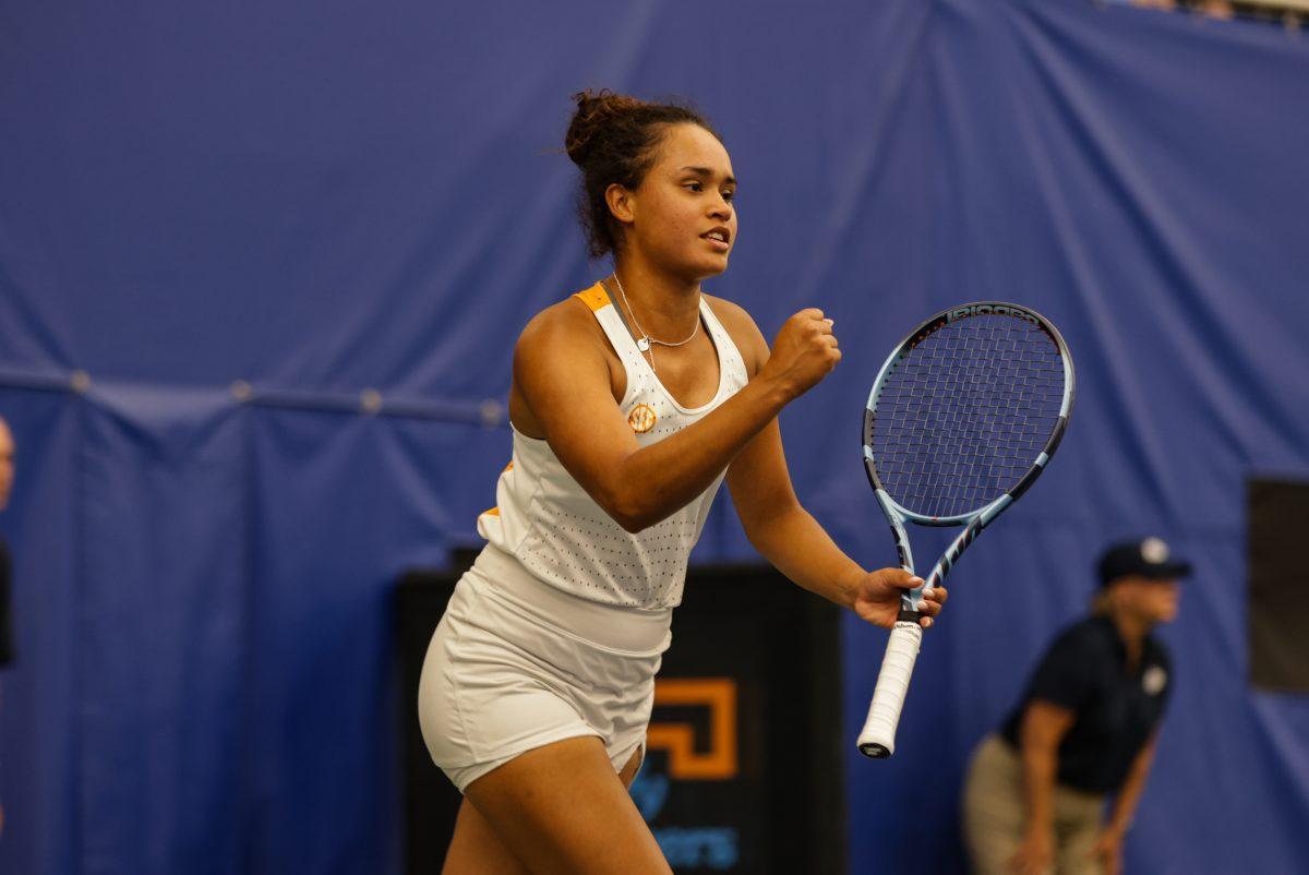 Leyla Britez-Risso pumps her fist after winning a point against Elon at Goodfriend Tennis Center. Friday, May 2, 2025