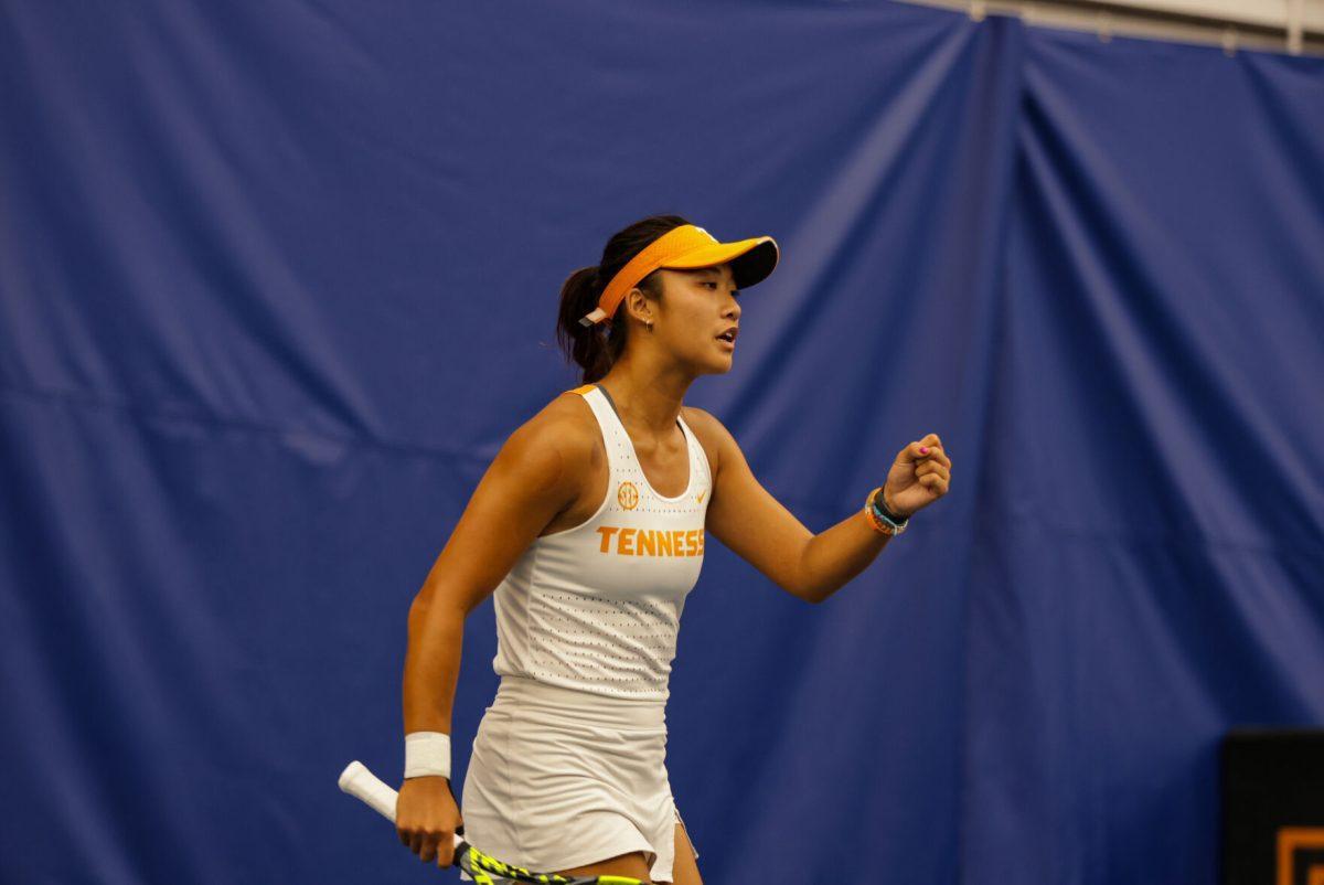 Catherine Aulia pumps her fist after winning a point against Elon at Goodfriend Tennis Center. Friday, May 2, 2025