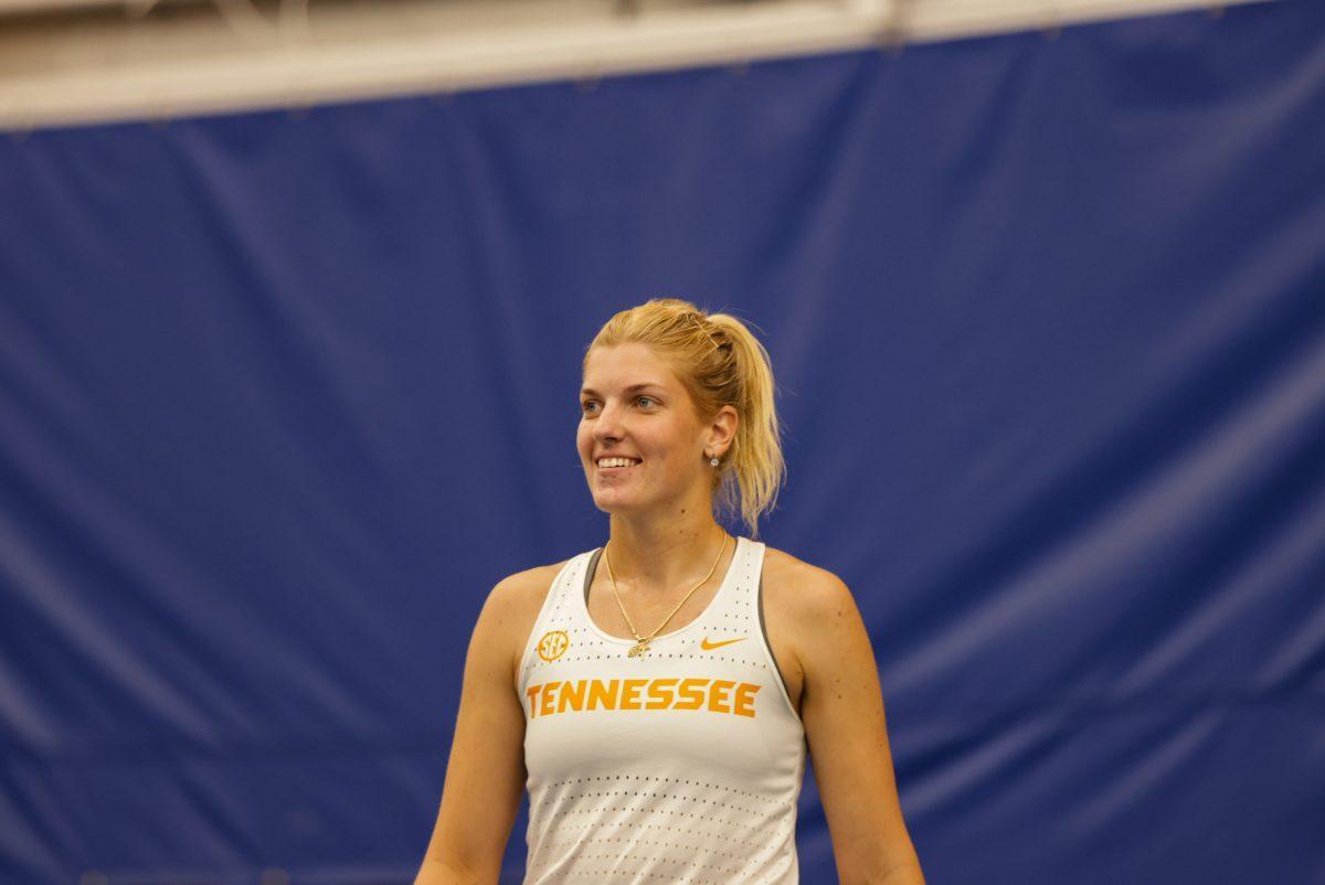 Elza Tomase smiles after winning a point against Elon at Goodfriend Tennis Center. Friday, May 2, 2025
