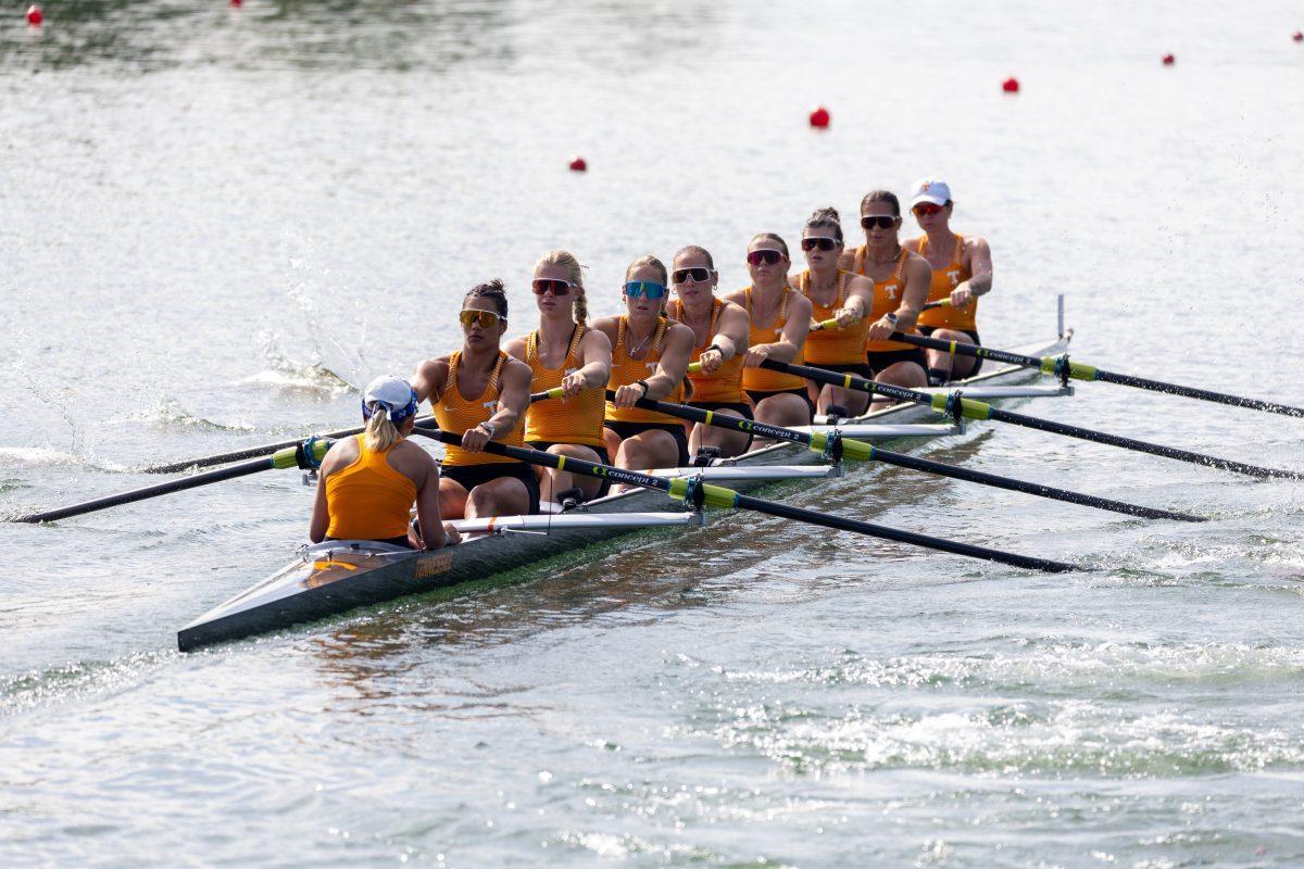 Tennessee’s 2V8 boat headed down the race course at the SEC Championship on Melton Hill Lake. Sunday, May 11, 2025. 