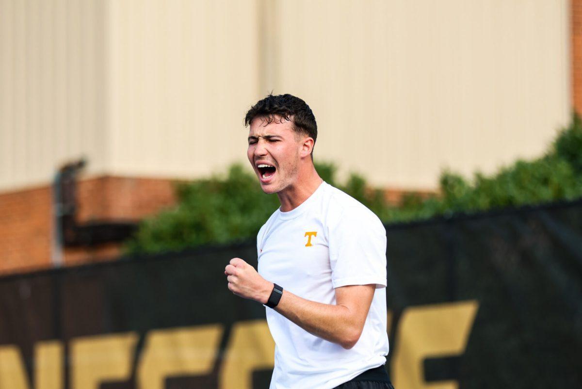 Jan Kobierski shouts after winning a point against Ole Miss at Barksdale Stadium. Thursday, March 13, 2025.