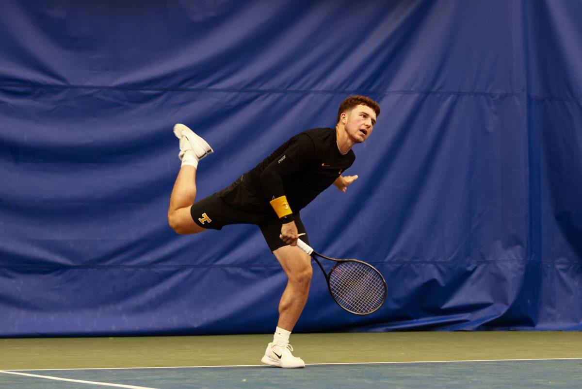 Alejandro Moreno serves against Alabama State at Goodfriend Tennis Center. Saturday, May 3, 2025