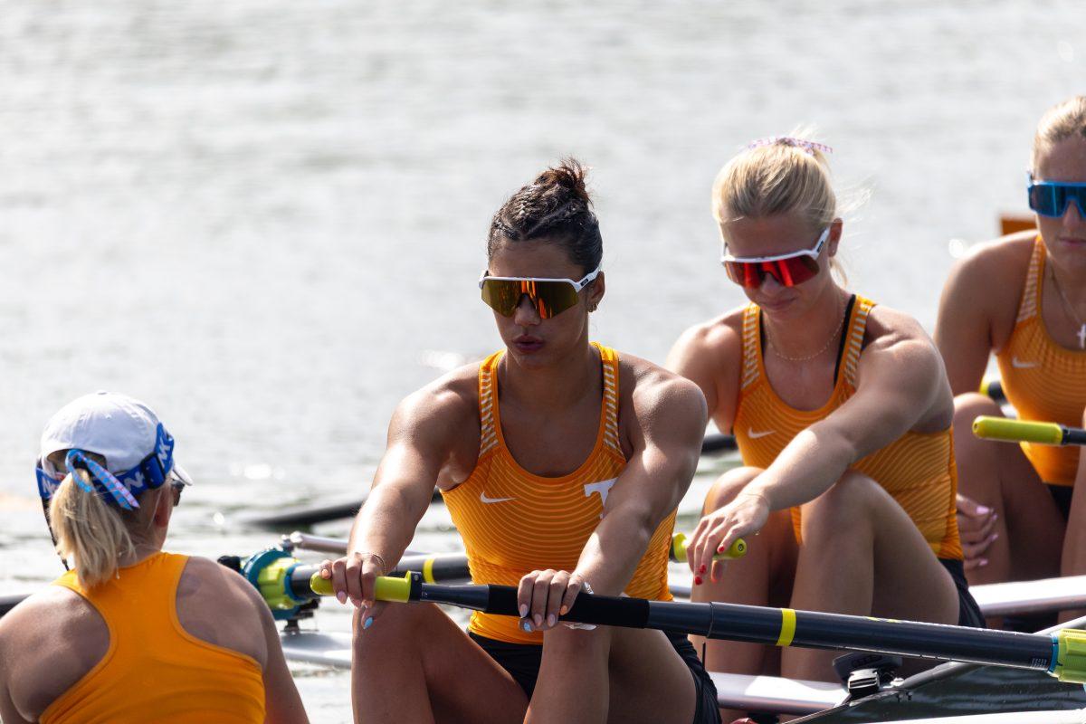  2V8 stern seat, Channing Taner, seen taking a deep breath seconds before her race began at the SEC Championship on Melton Hill Lake. Sunday, May 11, 2025.
