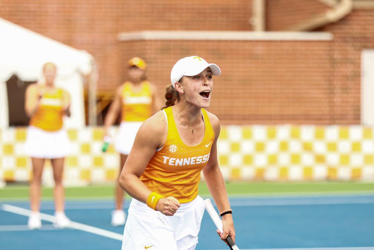 Maeve Thornton shouts and pumps her fist after winning a point against Pepperdine at Barksdale Stadium. Saturday, May 3, 2025