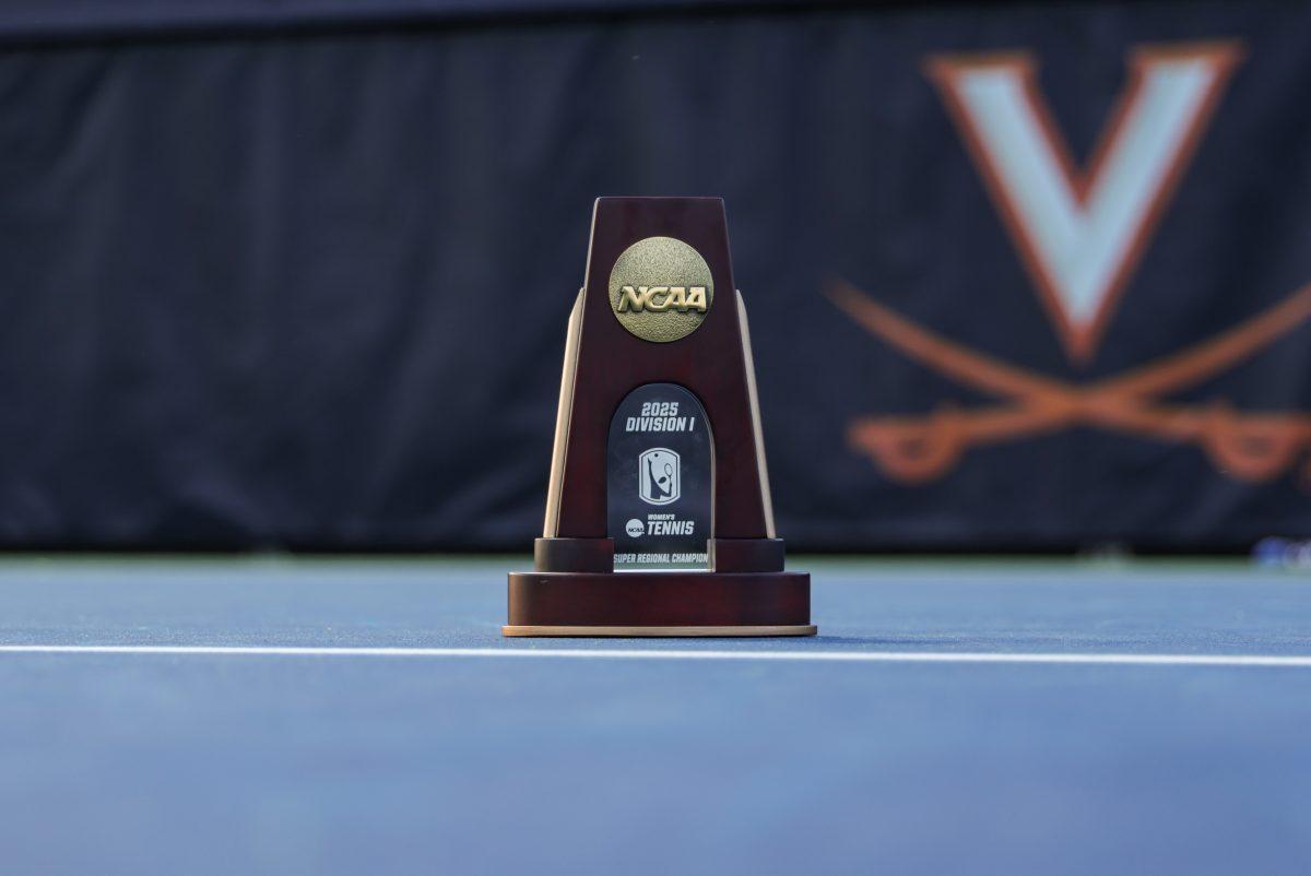 A lady vols’ individual Super Regional Champion trophie sitting on the court after the lady vols beat Virginia 4-0 at UVA Tennis Complex. Friday, May 9, 2025.
