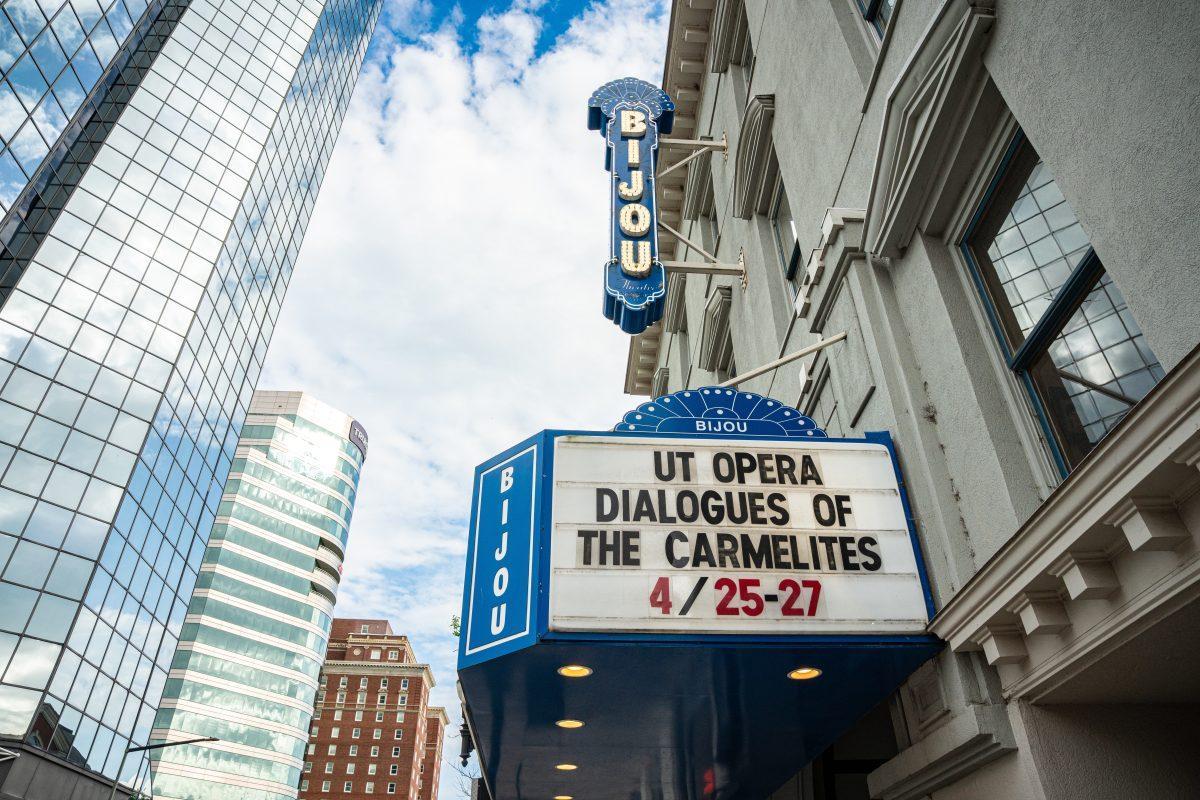 Entrance to the Bijou Theatre in Downtown Knoxville during the showings of ‘Dialogues of the Carmelites.' Monday, May 5, 2025.  