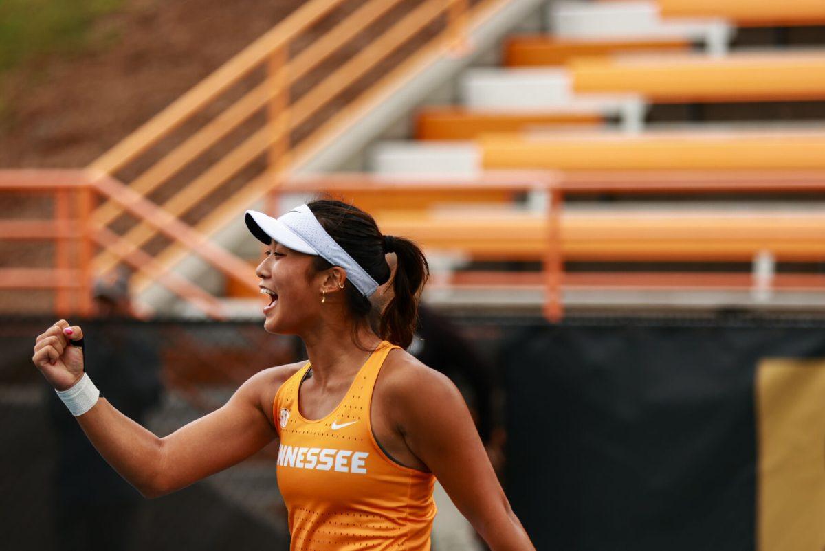 Catherine Aulia shouts after winning a point against Pepperdine at Barksdale Stadium. Saturday, May 3, 2025