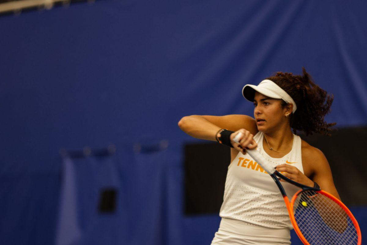 Vanesa Suarez hits a forehand against Elon at Goodfriend Tennis Center. Friday, May 2, 2025