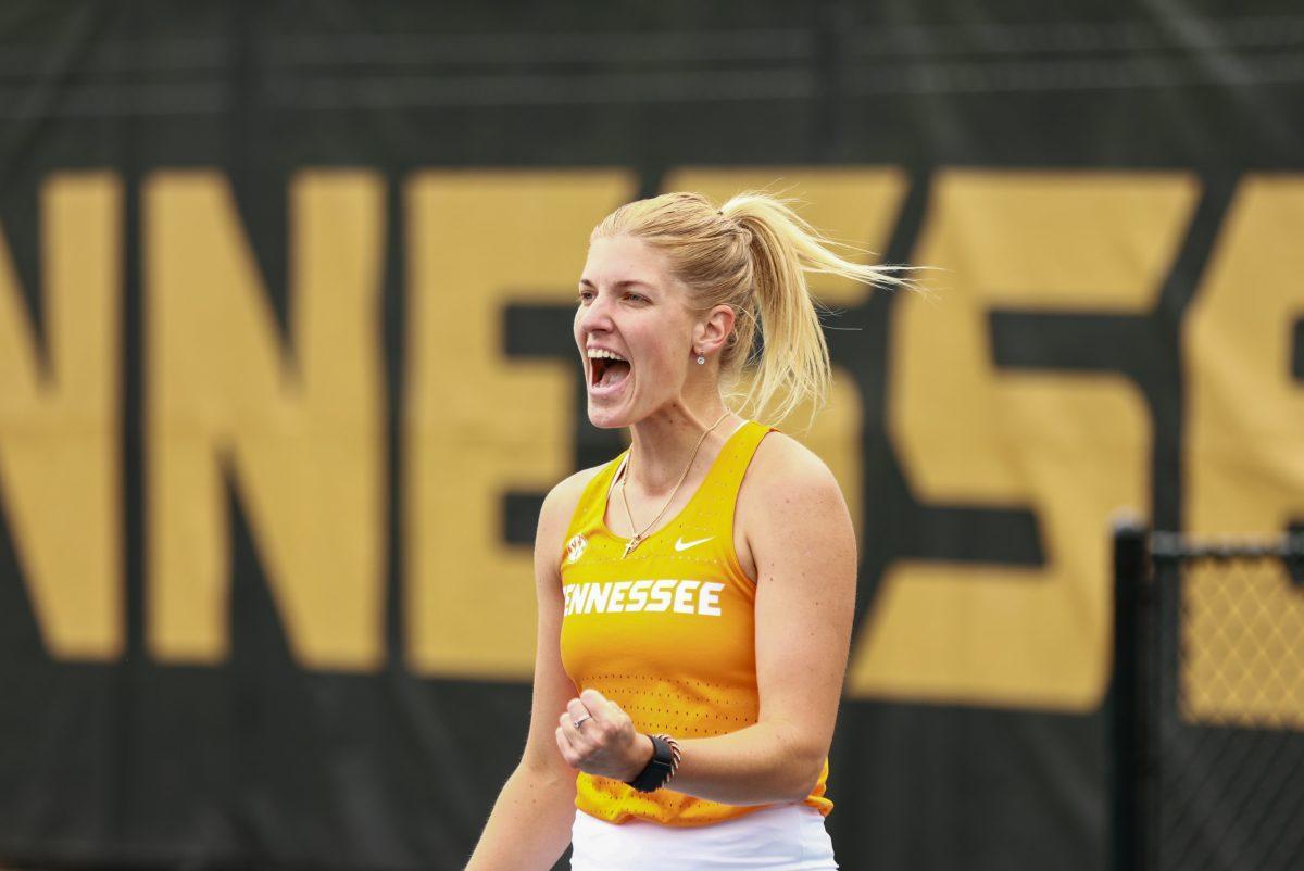 Elza Tomase shouts after winning a point against Pepperdine at Barksdale Stadium. Saturday, May 3, 2025