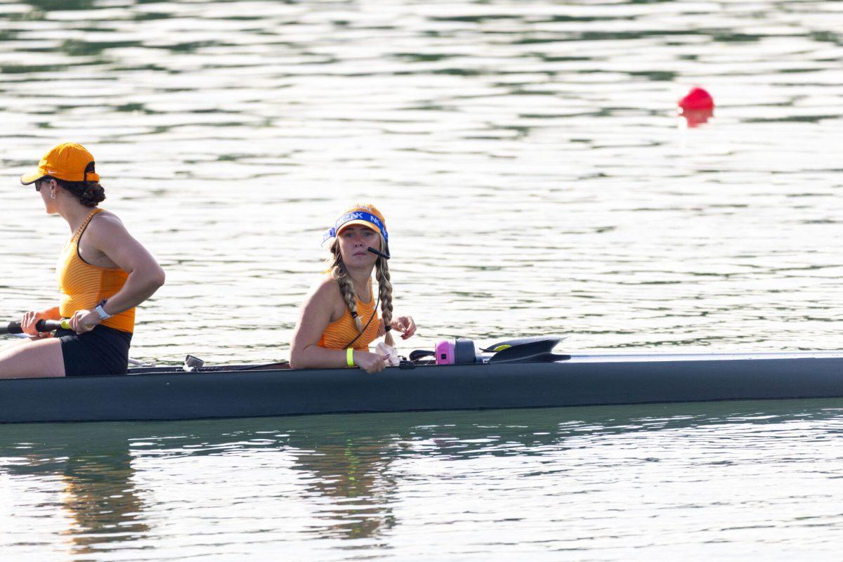 Coxswain of Tennessee’s 2V4, Audrey Bast, seen from the shoreline at the SEC Championship on Melton Hill Lake. Sunday, May 11, 2025. 