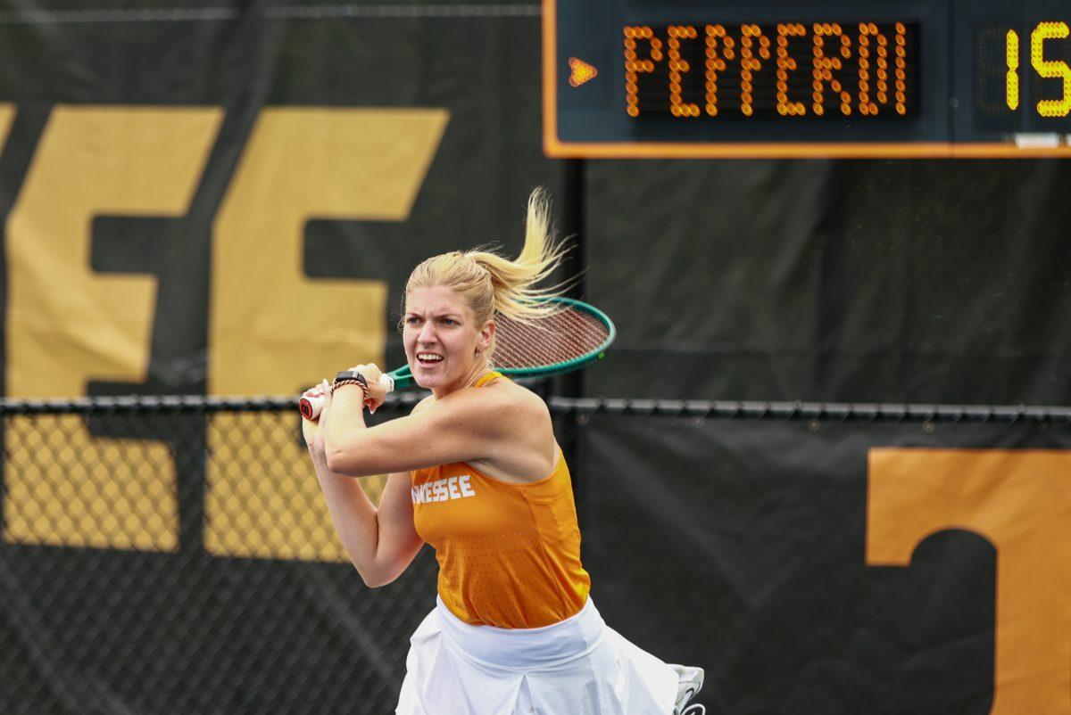 Elza Tomase hits a backhand against Pepperdine at Barksdale Stadium. Saturday, May 3, 2025