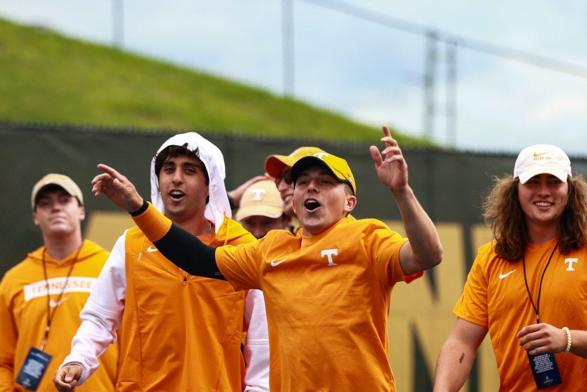 Alejandro Moreno and more cheer on Alex Kotzen as he comes back in his final set against Duke at Barksdale Tennis Stadium. Sunday, May 4, 2025