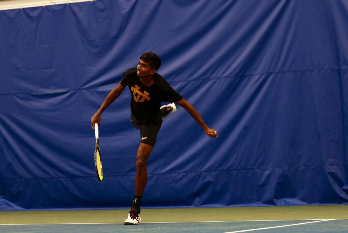 Alan Jesudason serves against Alabama State at Goodfriend Tennis Center. Saturday, May 3, 2025