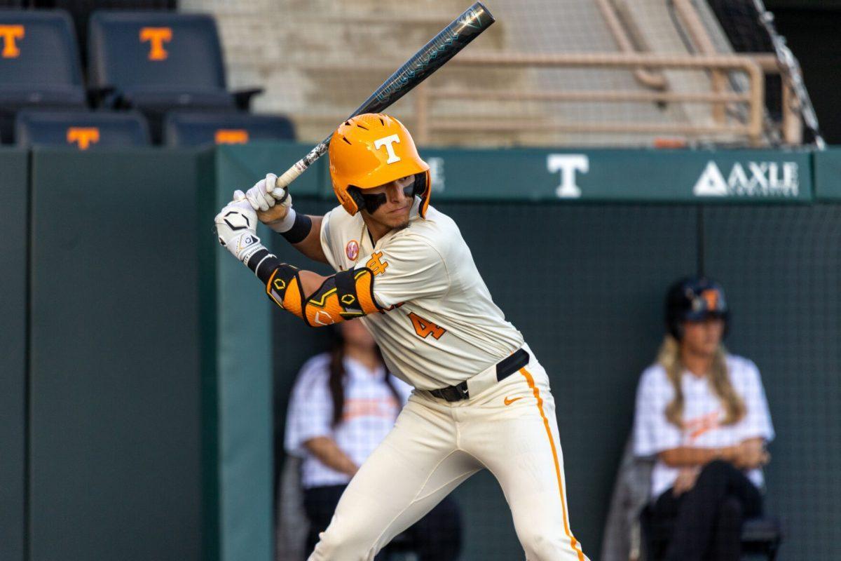 Manny Marin (4) bats against Bellarmine at in Lindsey Nelson Stadium. Tuesday, April 15, 2025.