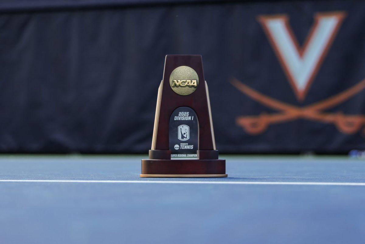 A lady vols’ individual Super Regional Champion trophie sitting on the court after the lady vols beat Virginia 4-0 at UVA Tennis Complex. Friday, May 9, 2025.