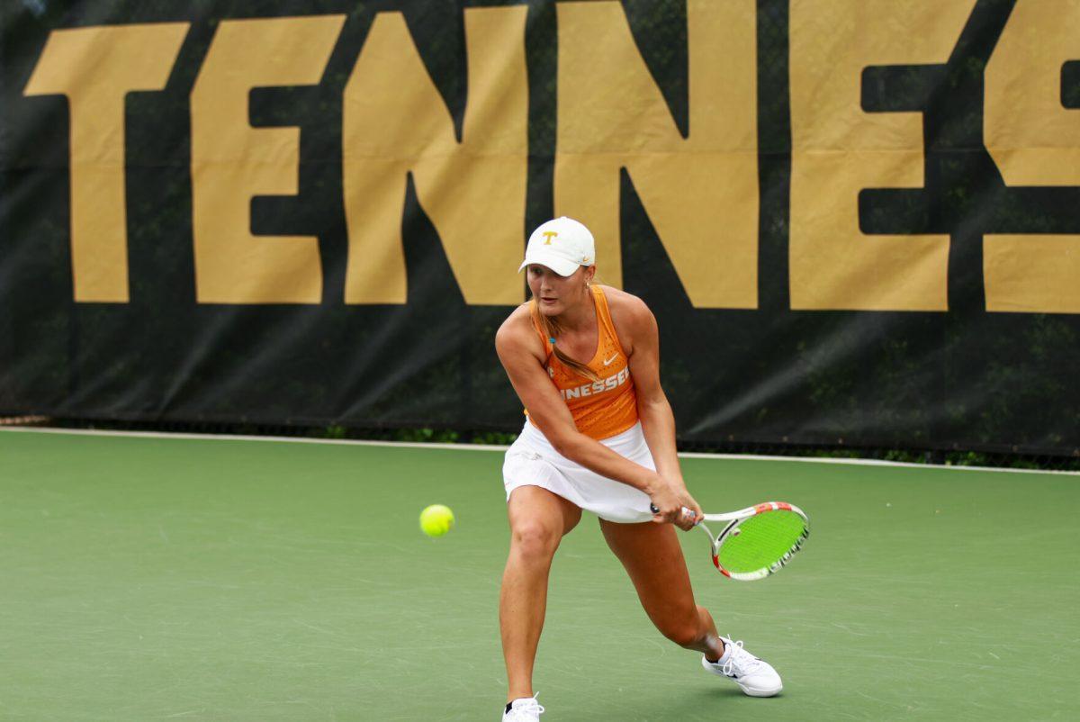 Saray Yi-Piipari hits a backhand against Pepperdine at Barksdale Stadium. Saturday, May 3, 2025