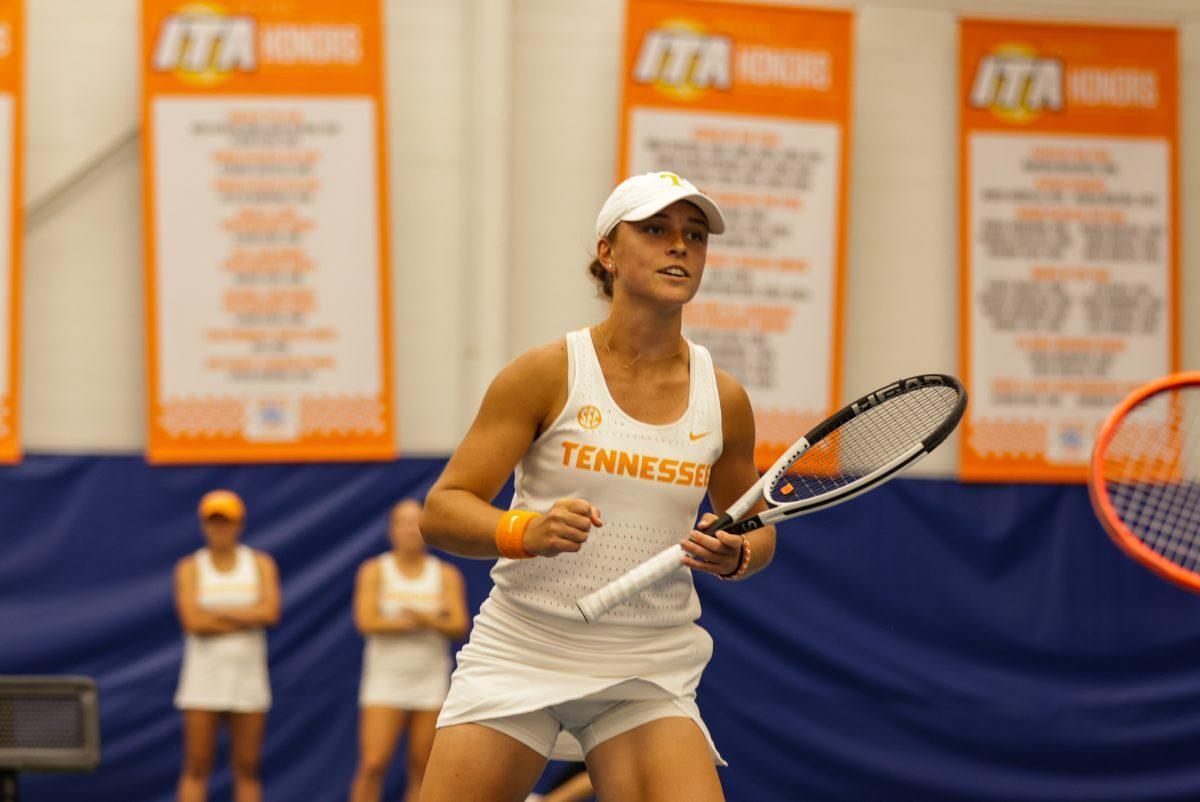 Maeve Thornton pumps her first after winning a point against Elon at Goodfriend Tennis Center. Friday, May 2, 2025