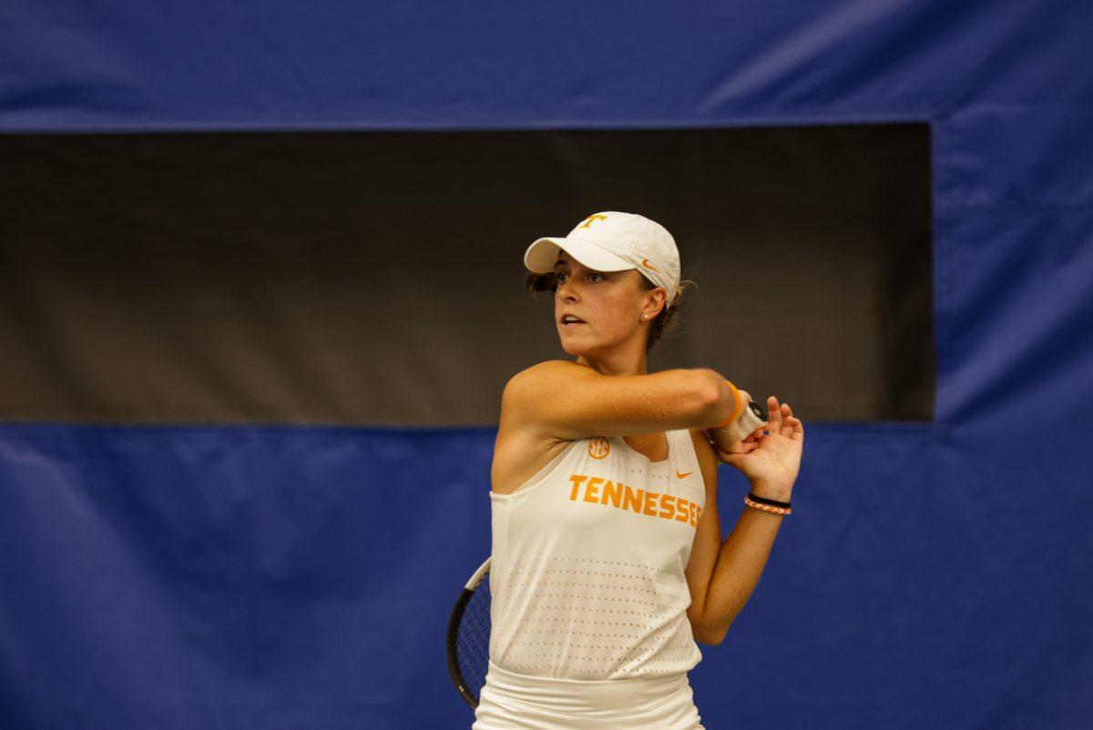 Maeve Thornton hits a backhand against Elon at Goodfriend Tennis Center. Friday, May 2, 2025