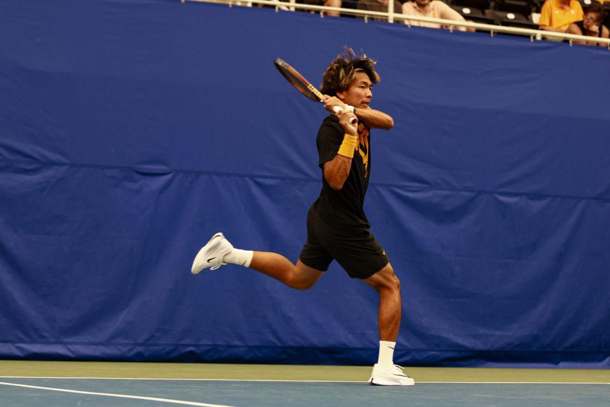 Shunsuke Mitsui hits a backhand against Alabama State at Goodfriend Tennis Center. Saturday, May 3, 2025