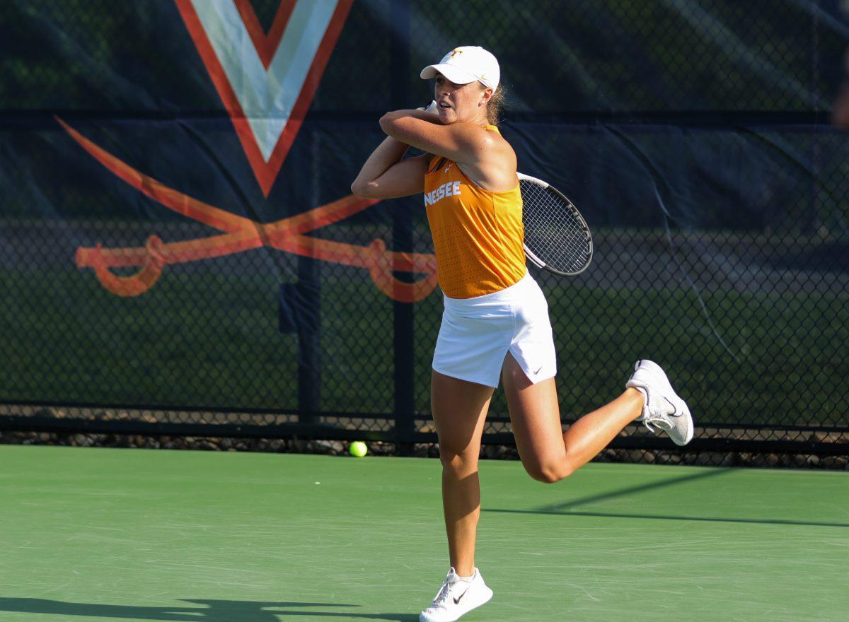 Maeve Thornton hits a backhand against Virginia at UVA Tennis Complex. Friday, May 9, 2025.