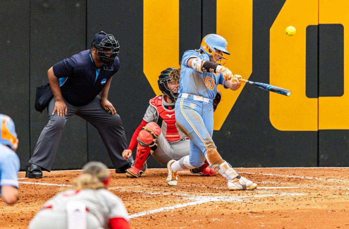 Gabby Leach (55) up to bat during the Super Regionals game against Nebraska in Sherri Parker Lee Stadium. Saturday, May 24, 2025.