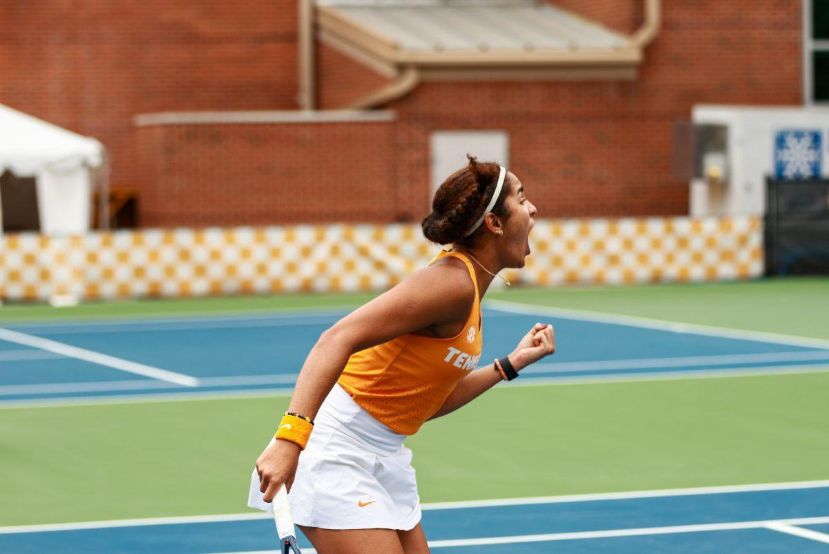 Vanesa Suarez shouts after winning a point against Pepperdine at Barksdale Stadium. Saturday, May 3, 2025