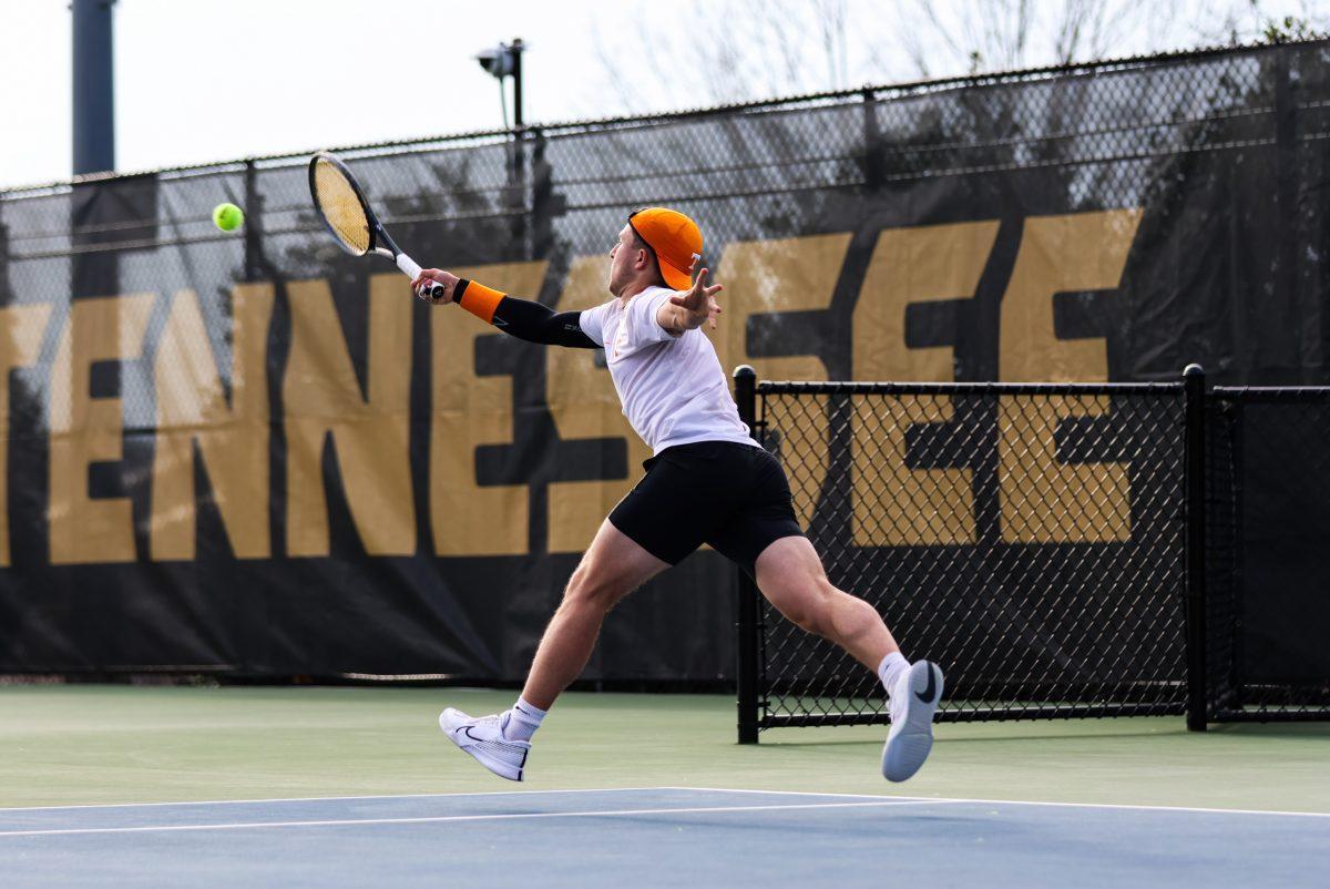 Alejandro Moreno returns a serve against Ole Miss at Barksdale Stadium. Thursday, March 13, 2025.