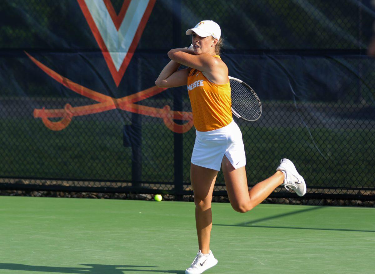 Maeve Thornton hits a backhand against Virginia at UVA Tennis Complex. Friday, May 9, 2025.