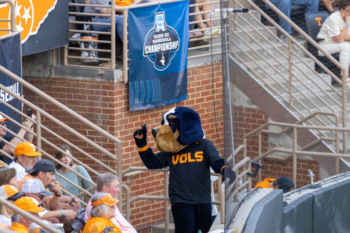 Smokey cheers during an NCAA Regional game against Wake Forest at Lindsey Nelson Stadium. Sunday, June 1, 2025.