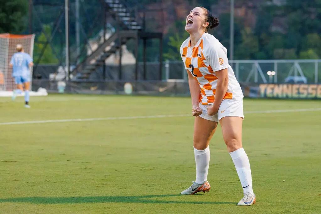 KNOXVILLE, TN - August 14, 2025 - Forward Shae O'Rourke #2 of the Tennessee Lady Volunteers during the game between the UNC Tar Heels and the Tennessee Volunteers at Regal Soccer Stadium in Knoxville, TN.