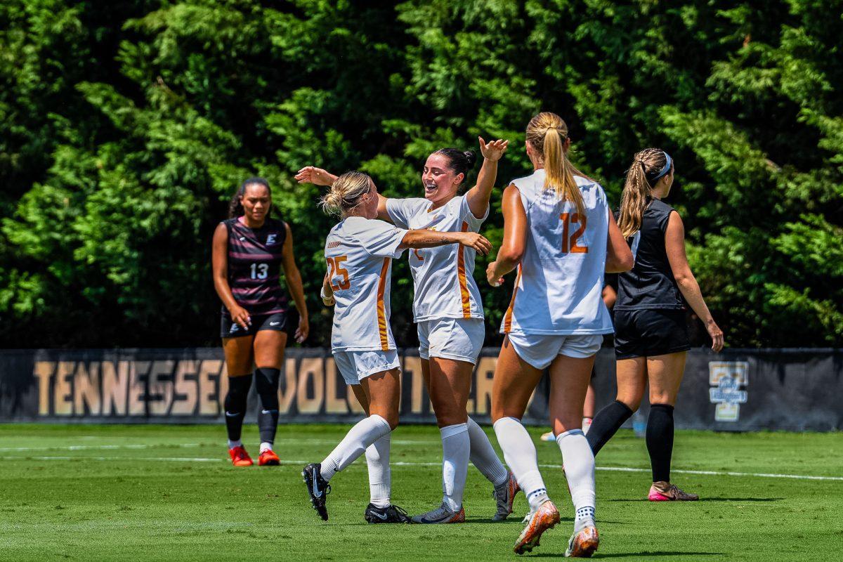 Shae O'Rourke (2) celebrates with teammate Skylar Miller (25) after scoring a goal against Eastern Kentucky at Regal Soccer Stadium. Sunday, Aug. 17, 2025.