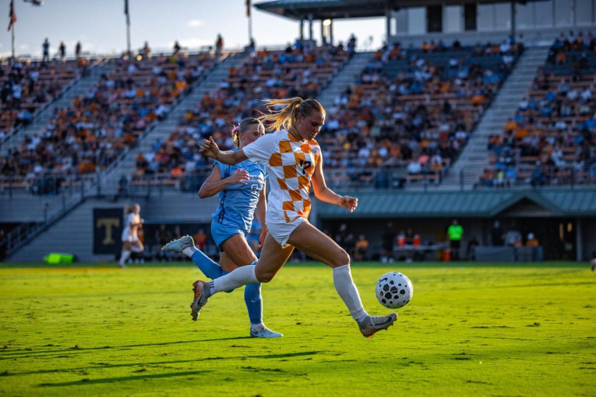 Tennessee Lady Volunteers face North Carolina in a soccer match. Thursday, Aug. 14, 2025.