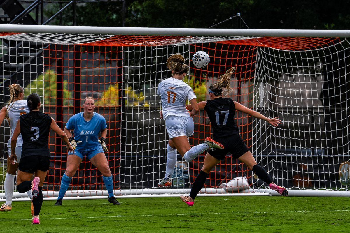 Alivia Stott (17) scores with a header off the free-kick by teammate Bella Smith (4) against Eastern Kentucky at Regal Soccer Stadium. Sunday, Aug. 17, 2025.