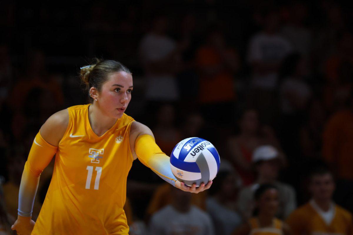 Caroline Kerr (11) prepares to serve during a game against Winthrop at Food City Center. Friday, Sept. 5, 2025.
 