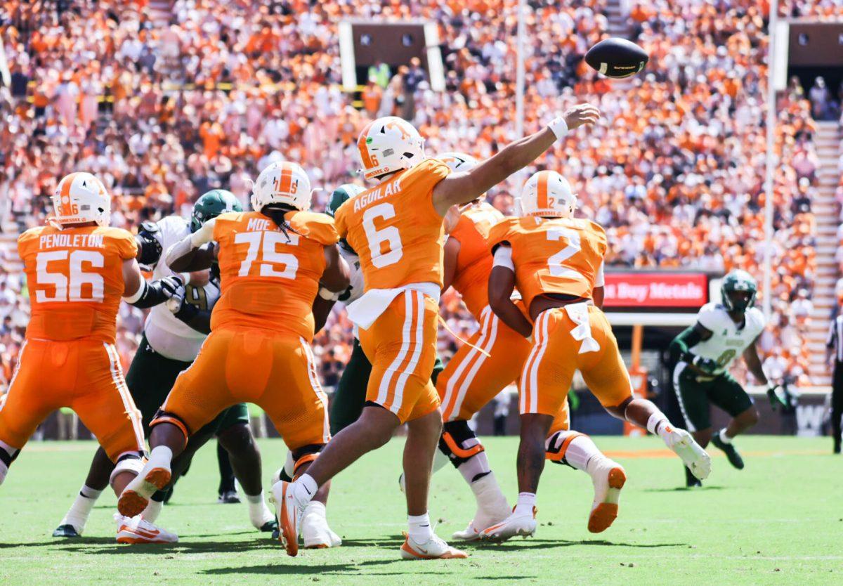 Joey Aguilar (6) throws the ball to a teammate during the game against UAB in Neyland Stadium. Saturday, Sept. 20, 2025.