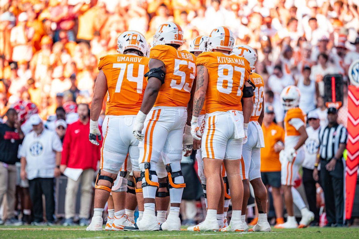 The Tennessee offense takes on Georgia during a game at Neyland Stadium, Saturday, Sept. 13, 2025.