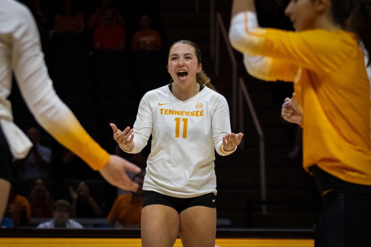 Caroline Kerr (11) cheers during a game against Samford at Food City Center. Friday, Sept. 5, 2025.
