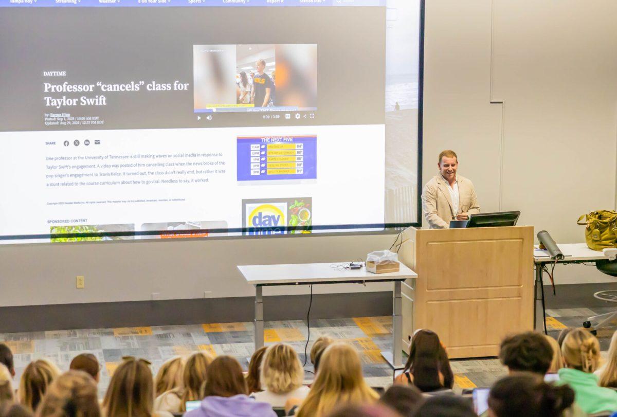 Professor Matthew Pittman shows his advertising class a viral video of himself at The University of Tennessee. Tuesday, Sept. 2, 2025.