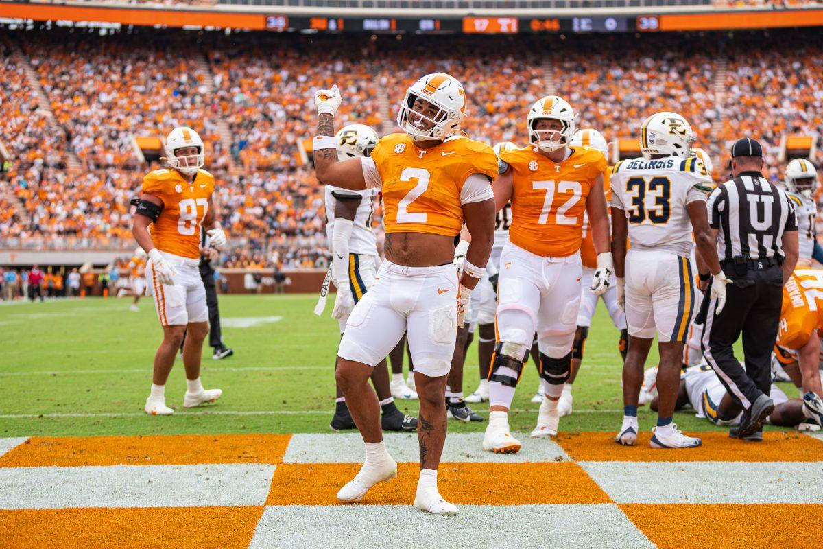 Peyton Lewis (2) celebrates a touchdown during a game against ETSU at Neyland Stadium, Saturday, Sept. 6, 2025.
