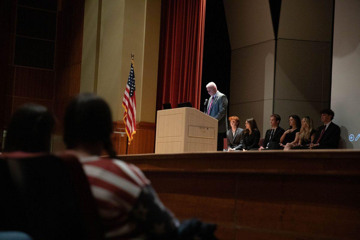 Turning Point Faculty Advisor Mark Atkeson speaking at Charlie Kirk's remembrance on Sept. 17.