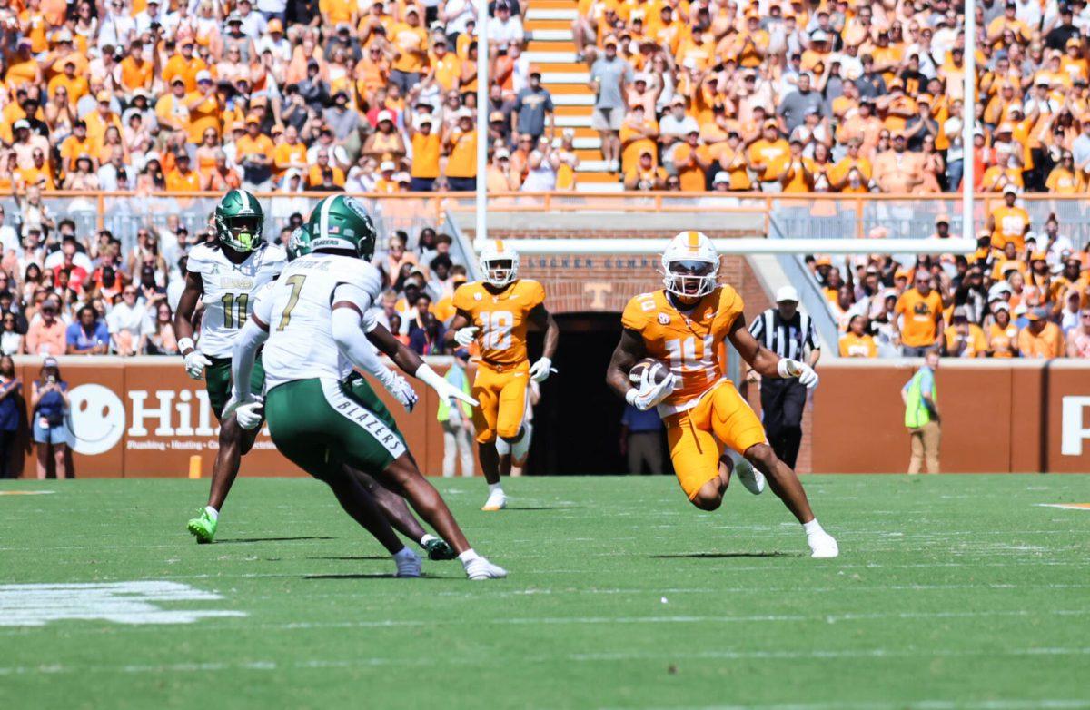 Braylon Staley (14) breaks away during the game against UAB in Neyland Stadium. Saturday, Sept. 20, 2025.