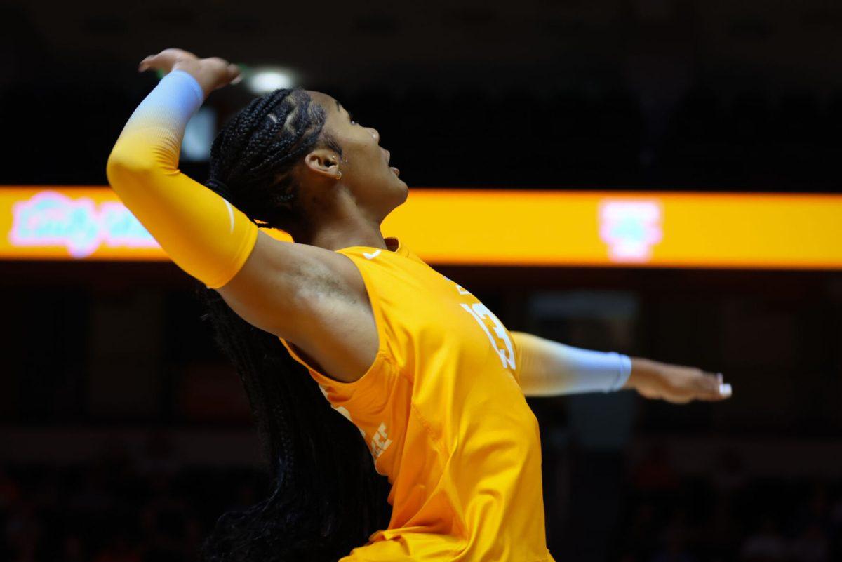Sydney Jones (13) spikes during a game against Winthrop at Food City Center. Friday, Sept. 5, 2025.
 