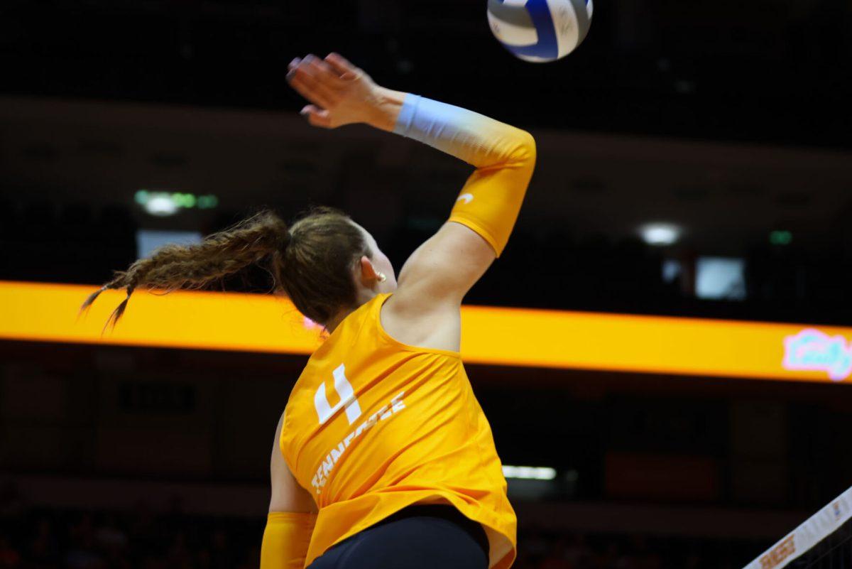 Paityn Chapman attacks during a game against Winthrop at Food City Center. Friday, Sept. 5, 2025.