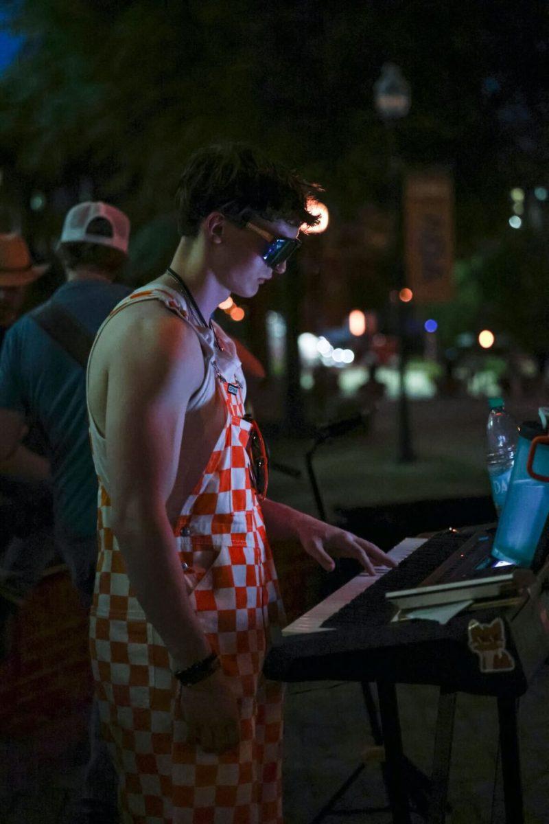 Magnolia Brothers band member and UT student, Peyton Ingram plays the piano. Tuesday, Sept. 23, 2025. 