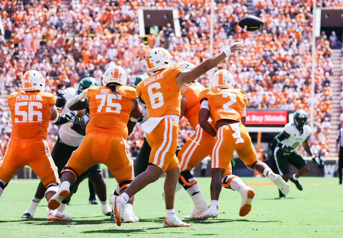 Joey Aguilar (6) throws the ball to a teammate during the game against UAB in Neyland Stadium. Saturday, Sept. 20, 2025.