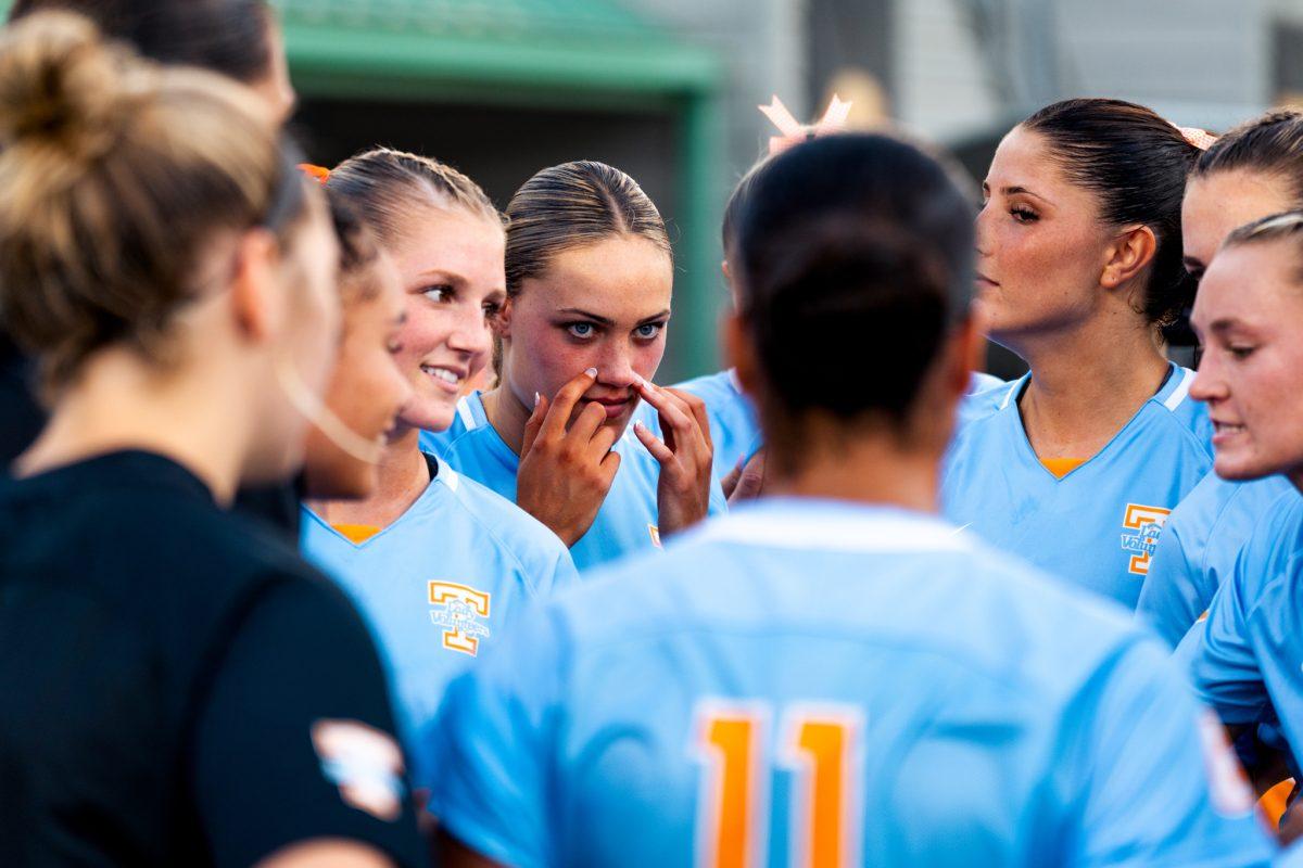 The Tennessee Lady Vols huddle before kickoff at Regal Soccer Stadium in Knoxville, Sept. 26, 2025