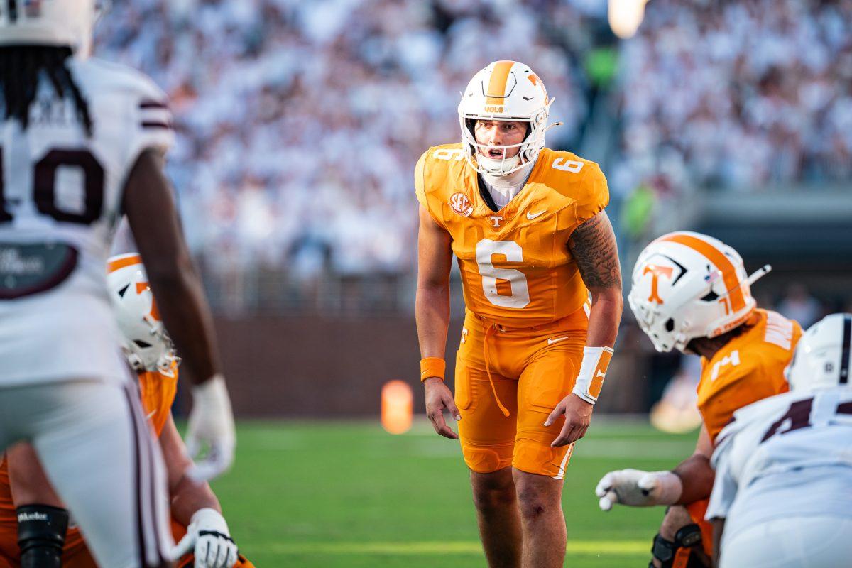Joey Aguilar (6) leads the Tennessee offense during a game against Mississippi State at Davis Wade Stadium in Starkville, Miss., Saturday, Sept. 27, 2025.